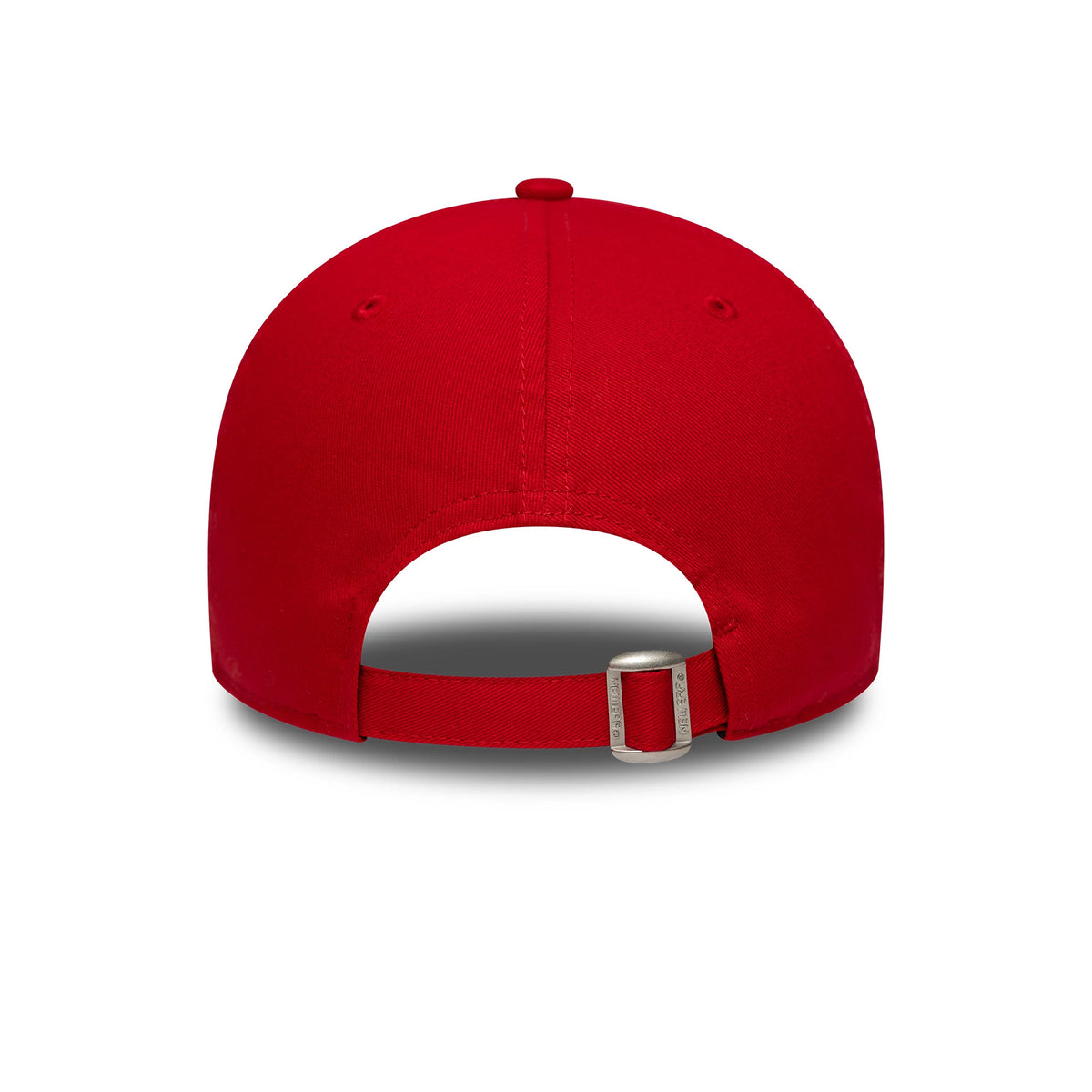 Liverpool FC Core Red New Era 9FORTY Adjustable Cap, rear view showing the curved red visor and an adjustable strap with a buckle, featuring a structured red crown and red top button.