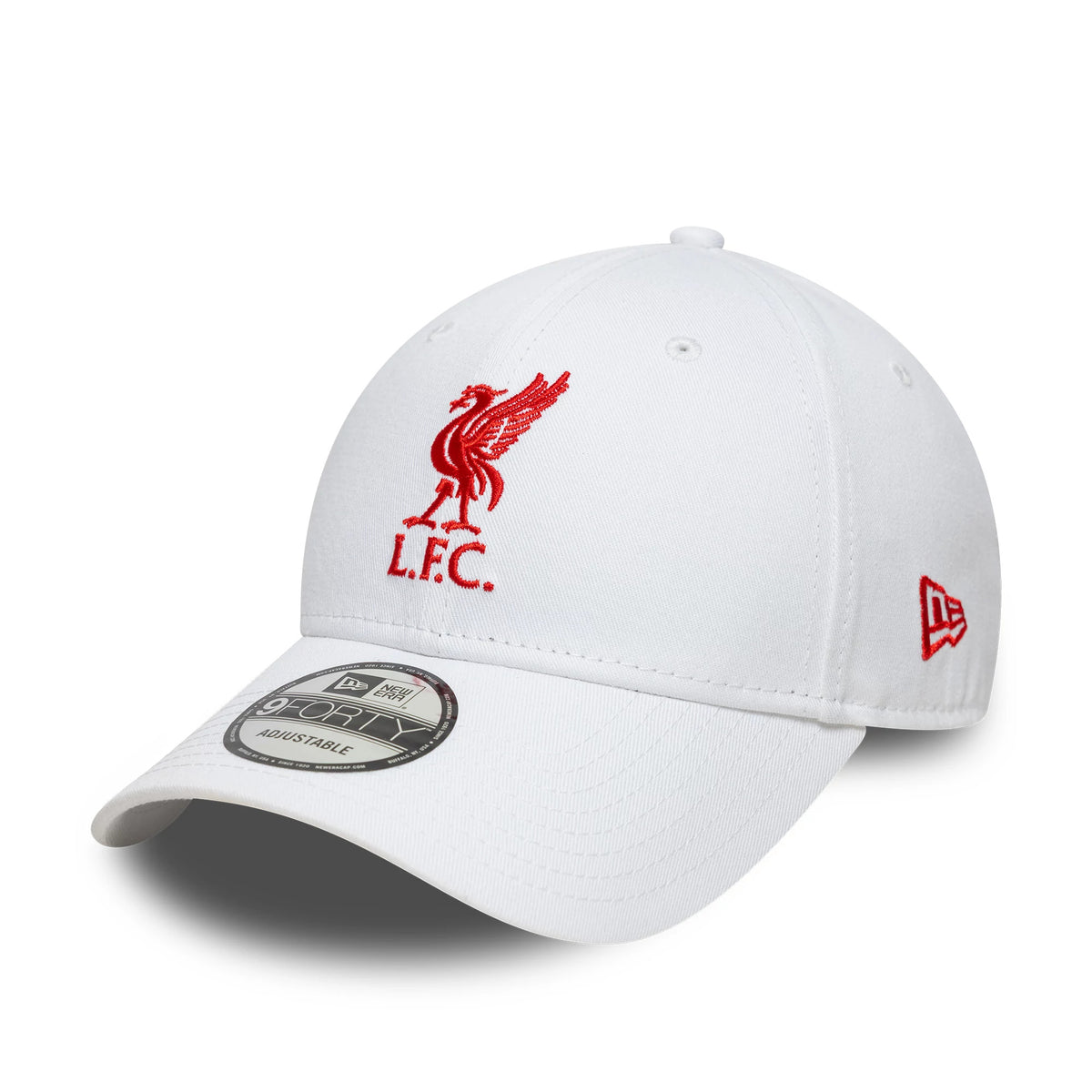 Liverpool FC Core White New Era 9FORTY Adjustable Cap, three-quarter view showing the red embroidered Liverbird and L.F.C. initials on the front panel, a curved white visor with a 9FORTY size sticker, and a red New Era flag logo on the left side.