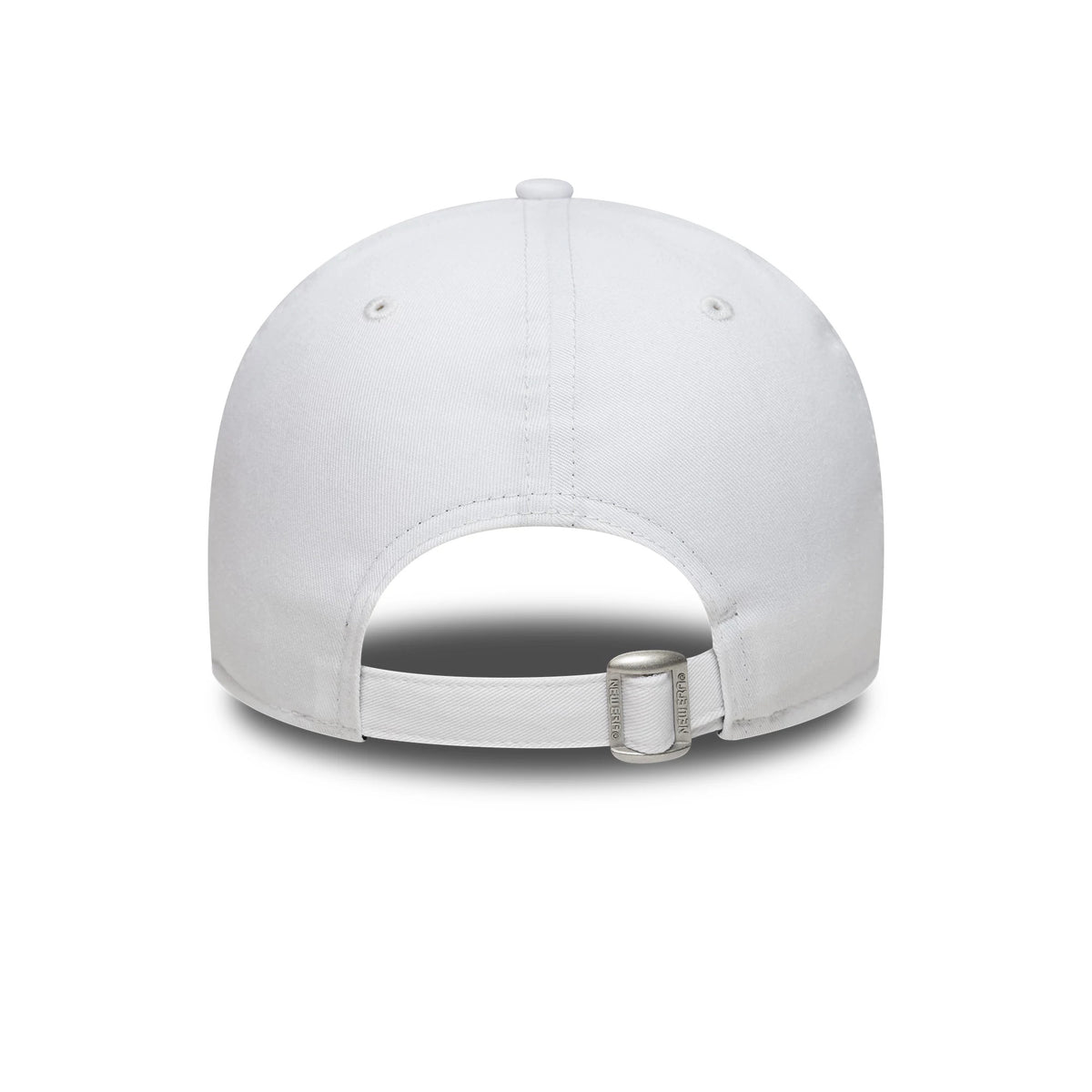 Liverpool FC Core White New Era 9FORTY Adjustable Cap, rear view showing a clean structured white crown with embroidered eyelets, a curved visor, and an adjustable strap with a buckle clasp for custom fit.