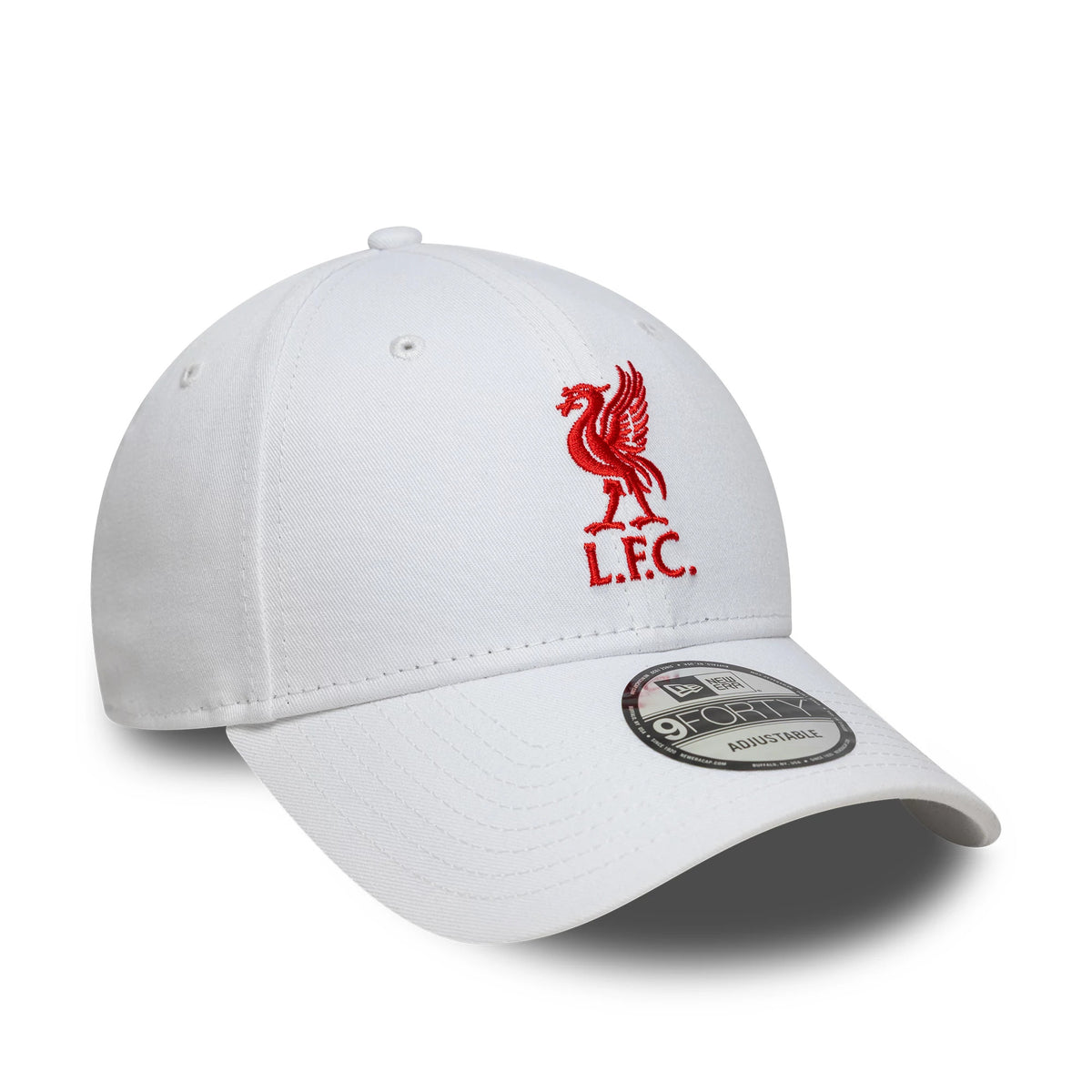 Liverpool FC Core White New Era 9FORTY Adjustable Cap, front view showing the red embroidered L.F.C. logo on the middle of the structured white crown, with a curved visor featuring a 9FORTY size sticker.