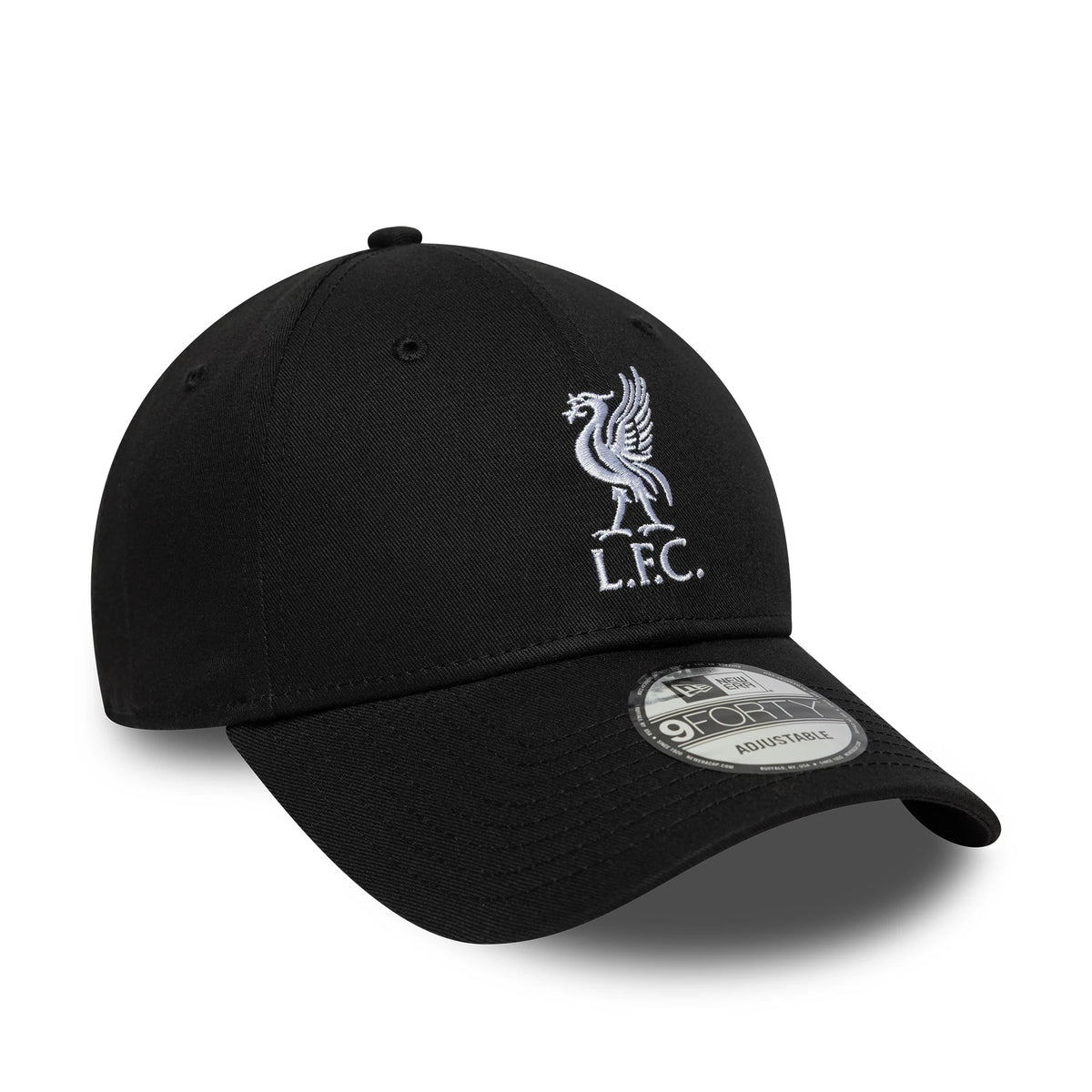 Liverpool FC Core Black New Era 9FORTY Adjustable Cap, front view with a white embroidered Liverbird logo on the black front panel and a 9FORTY size sticker on the curved black visor.
