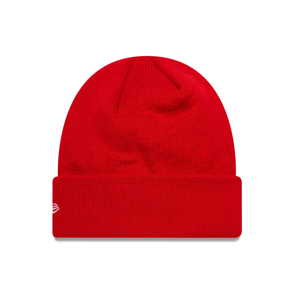 New Era Liverpool FC Core Red Cuff Knit Beanie, front view showing a red knitted fabric with a folded cuff, featuring the white embroidered New Era flag logo on the left side of the cuff.