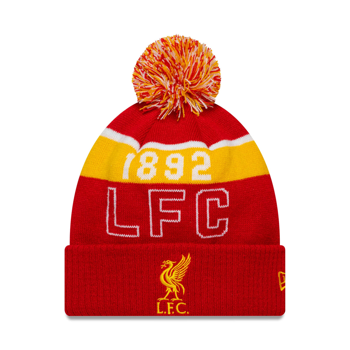 New Era Liverpool FC Sport Red Cuff Knit Beanie, front view showing yellow L.F.C. embroidery on the red cuff, a yellow and white knitted 1892 pattern above, a red, yellow, and white pom-pom, and the New Era flag logo on the right side.