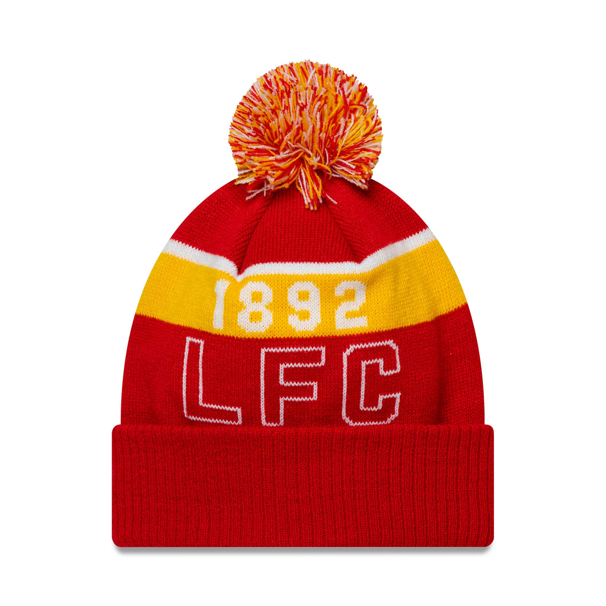 New Era Liverpool FC Sport Red Cuff Knit Beanie, front view showing white 1892 numbers and LFC letters knitted into the yellow and red crown, with a red and yellow pom-pom on top and a folded red cuff.