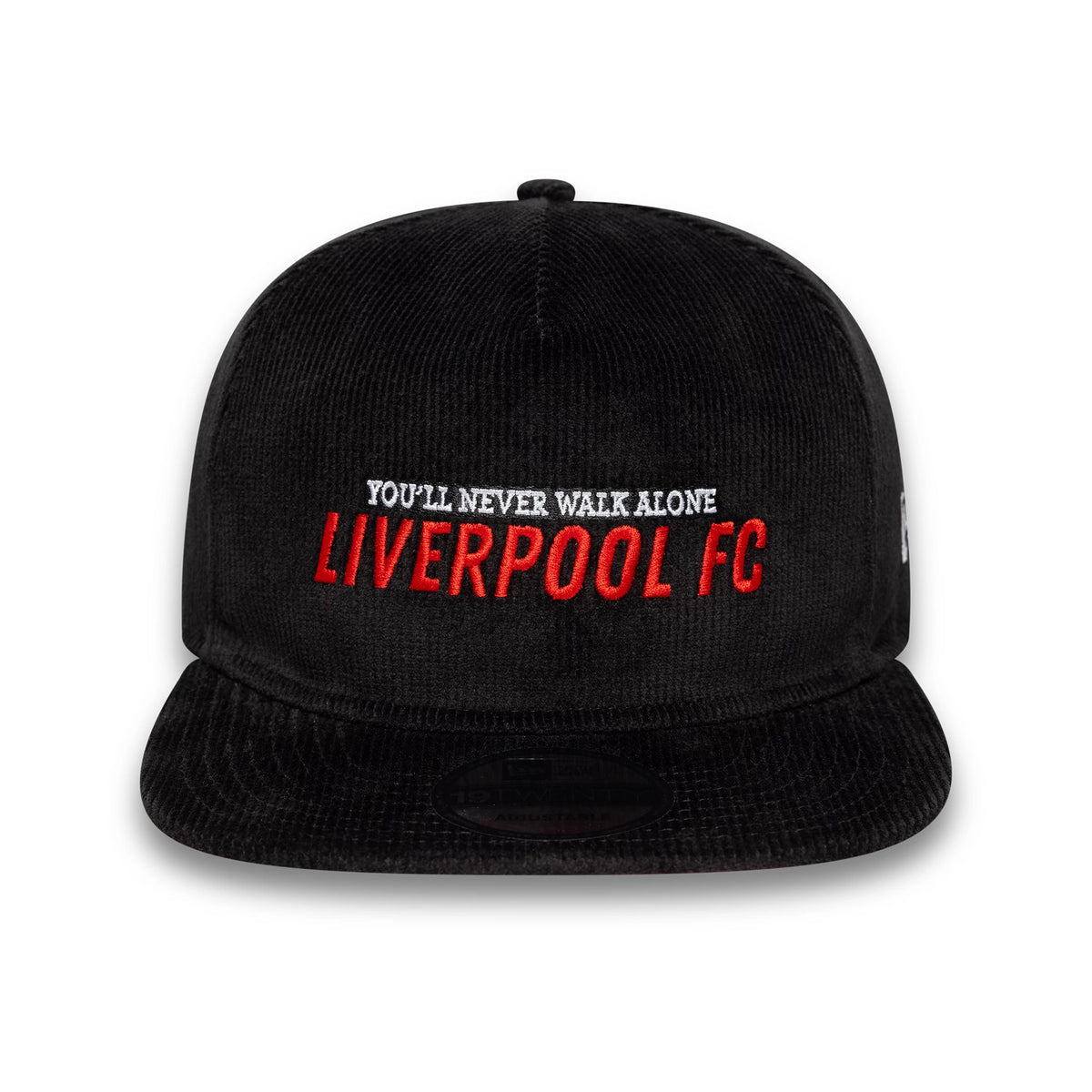 Liverpool FC Cord Black New Era 19TWENTY Adjustable Cap, front view showing raised red Liverpool FC lettering and white You'll Never Walk Alone slogan embroidery on the structured black corduroy crown with a curved visor.