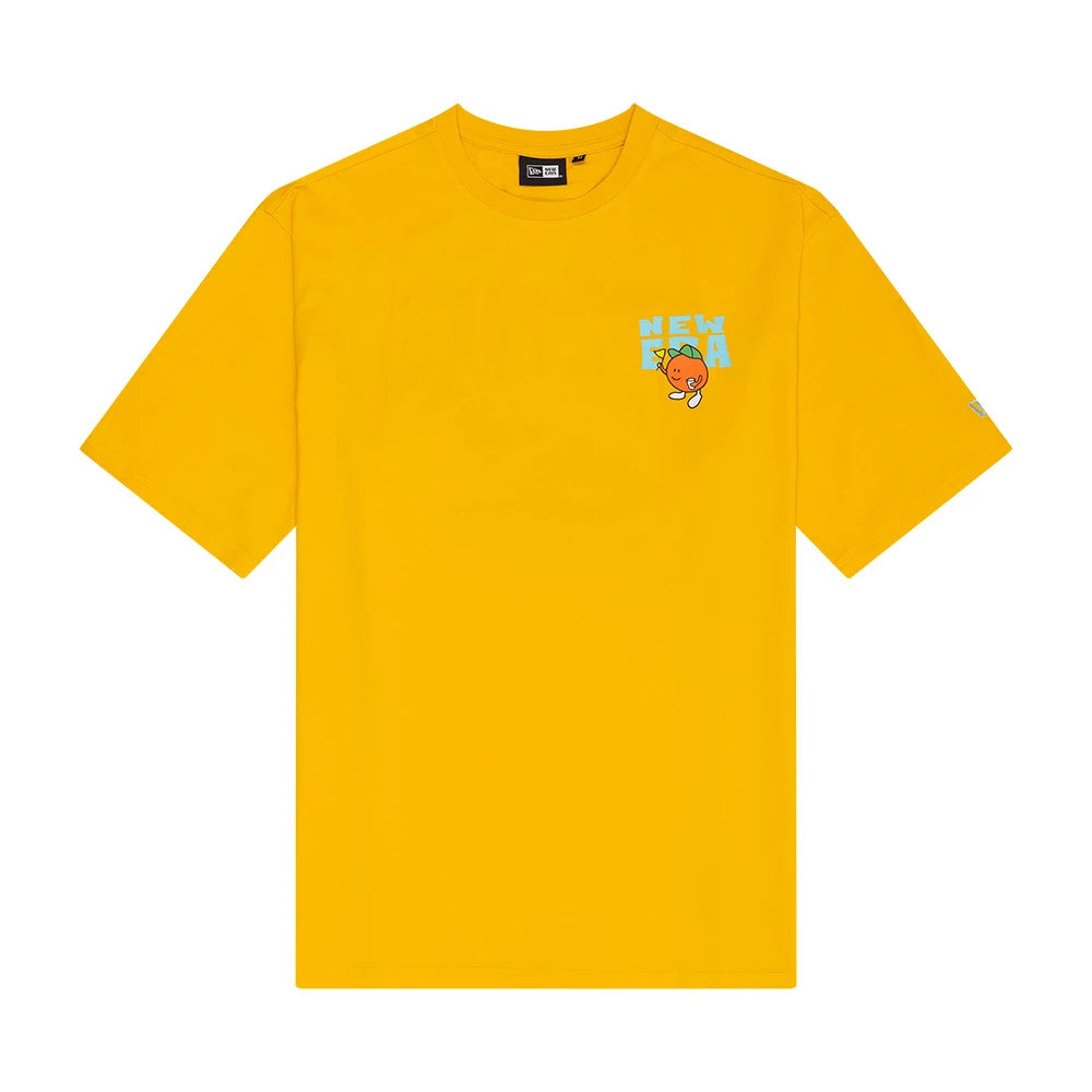 New Era Summer Graphic Yellow Oversized T-Shirt, front view showing a playful blue and orange graphic with New Era text on the chest, and a small embroidered New Era logo on the left sleeve.
