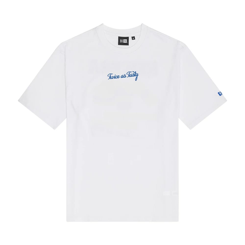 The Male model is wearing New Era Food Graphic White Oversized T-Shirt 1