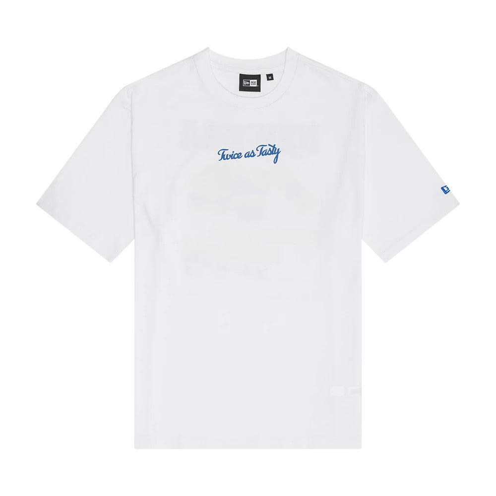 New Era Burger Graphic White Oversized T-Shirt, front view showing the blue printed text Twice as Tasty across the chest, a small blue New Era flag logo embroidered on the left sleeve near the hem.