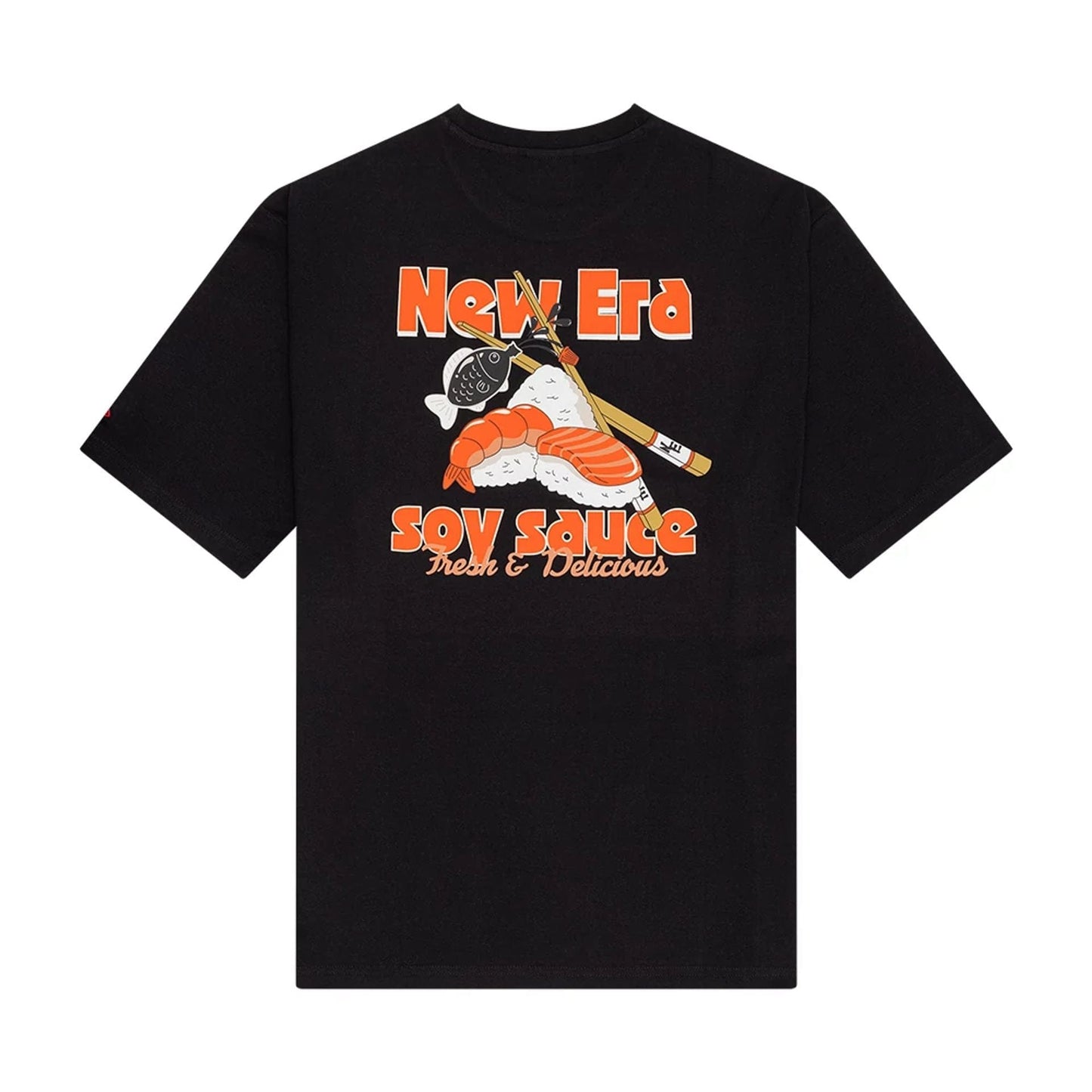 The Male model is wearing New Era Food Graphic Black Oversized T-Shirt 2