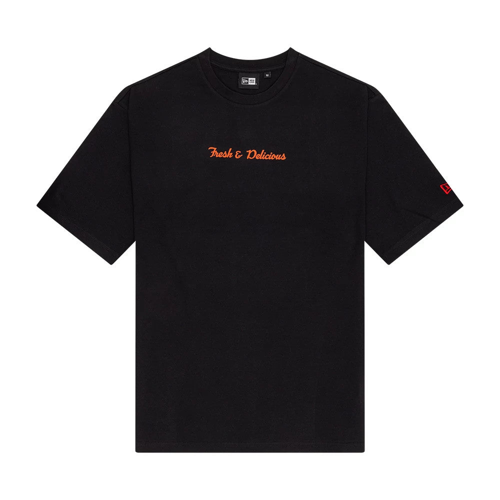 The Male model is wearing New Era Soy Sauce Graphic Black Oversized T-Shirt 1
