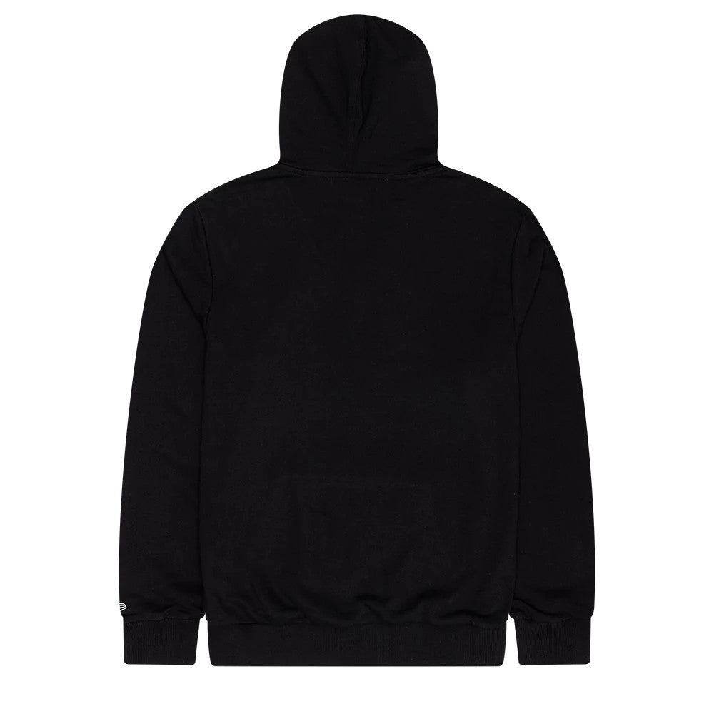New Era Sticker Graphic Black Pullover Hoodie, back view displaying the plain black hood and back, with ribbed cuffs and hem, featuring a small embroidered New Era logo on the left sleeve.