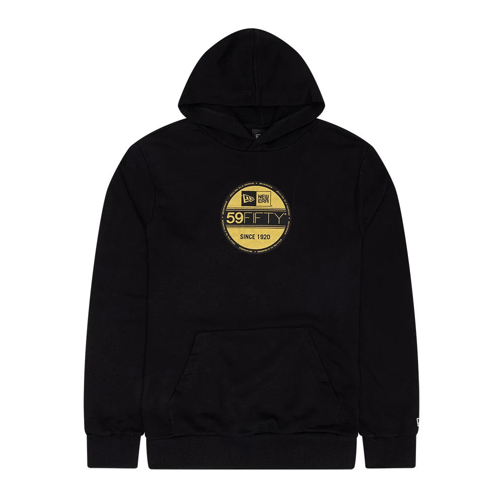 New Era Sticker Graphic Black Pullover Hoodie, front view showing a large circular gold 59FIFTY sticker graphic on the chest, with a black hood and a kangaroo pocket, featuring an embroidered New Era logo on the left cuff.