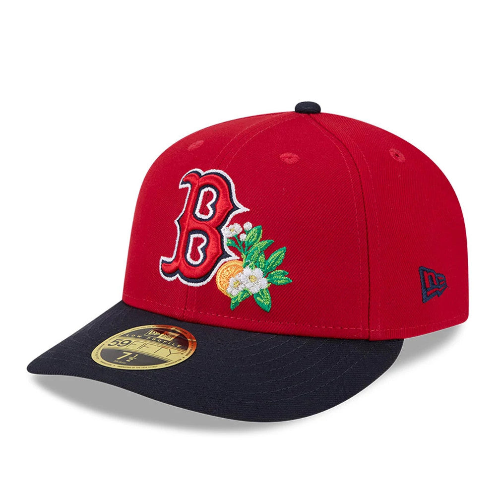 Boston Red Sox MLB Spring Training 2026 Red Low Profile New Era 59FIFTY Fitted Cap, front view showing the red embroidered B logo with floral graphics on the structured red crown and a contrasting black flat visor with a gold 59FIFTY size sticker.
