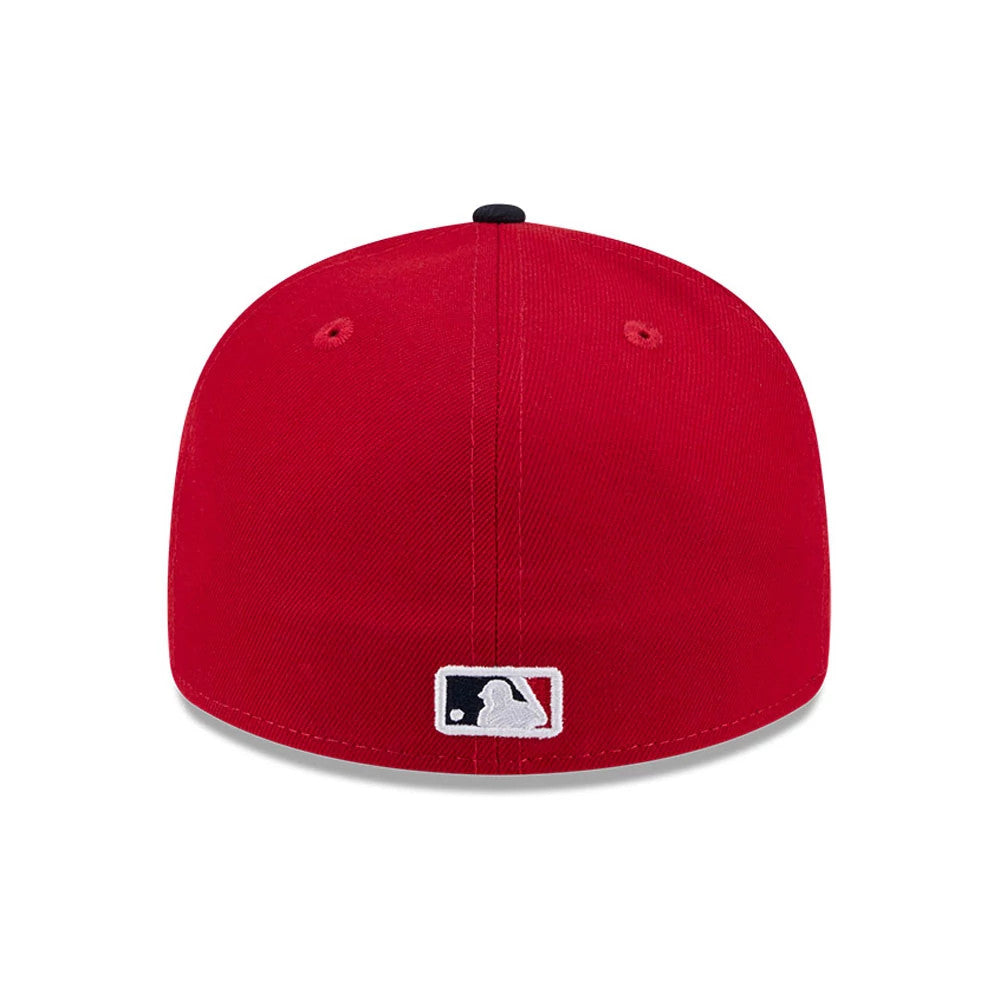 Boston Red Sox MLB Spring Training 2026 Red Low Profile New Era 59FIFTY Fitted Cap, rear view showing the white embroidered MLB Batterman logo centred on the red crown, with a black top button and eyelets.
