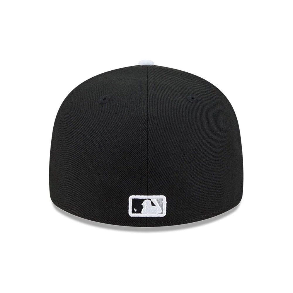 White Sox MLB Spring Training 2026 Black Low Profile New Era 59FIFTY Fitted Cap, rear view showing the white embroidered MLB Batterman logo at the centre back of the black structured crown, with a black top button and matching eyelets.