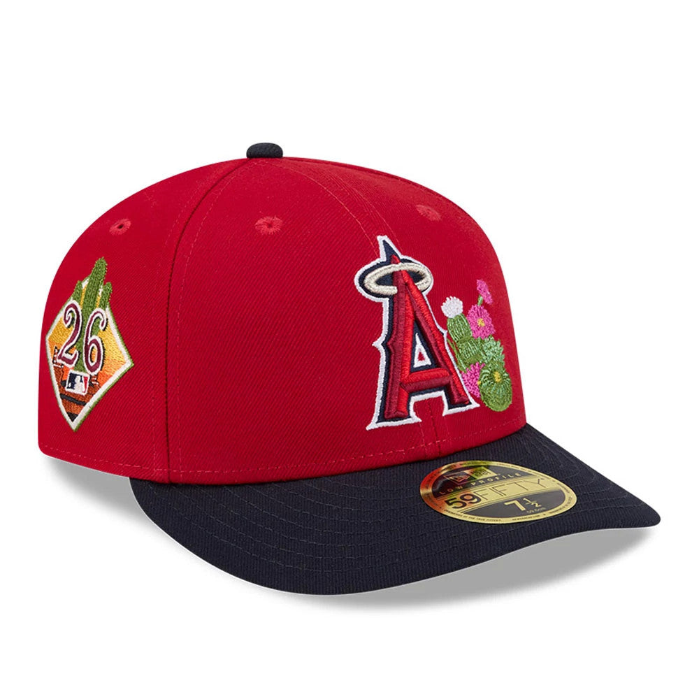 LA Angels MLB Spring Training 2026 Red Low Profile New Era 59FIFTY Fitted Cap, three-quarter view showing the team's A logo with cactus embroidery on the front panel, black visor, and gold 59FIFTY size sticker.