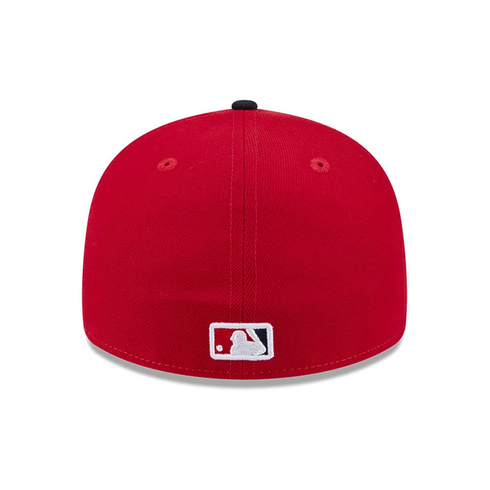 LA Angels MLB Spring Training 2026 Red Low Profile New Era 59FIFTY Fitted Cap, rear view showing the white embroidered MLB Batterman logo centred on the red back panels and a black top button.