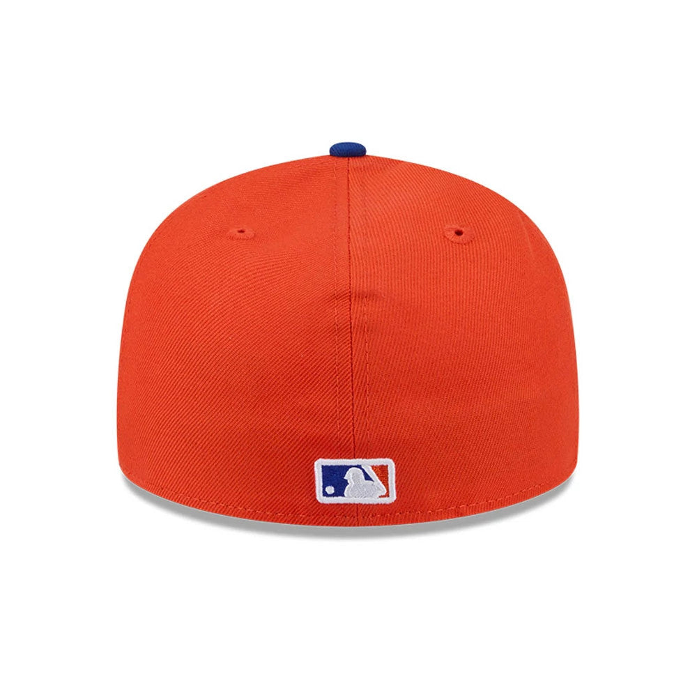 New York Mets MLB Spring Training 2026 Red Low Profile New Era 59FIFTY Fitted Cap, rear view showing the white embroidered MLB Batterman logo centred on the back, with a blue top button accenting the red crown.