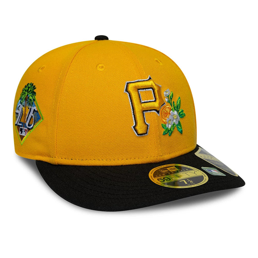 Pirates MLB Spring Training 2026 Yellow Low Profile New Era 59FIFTY Fitted Cap, three-quarter view showing the black embroidered P logo with floral detail on the front panel, black visor and gold 59FIFTY size sticker.