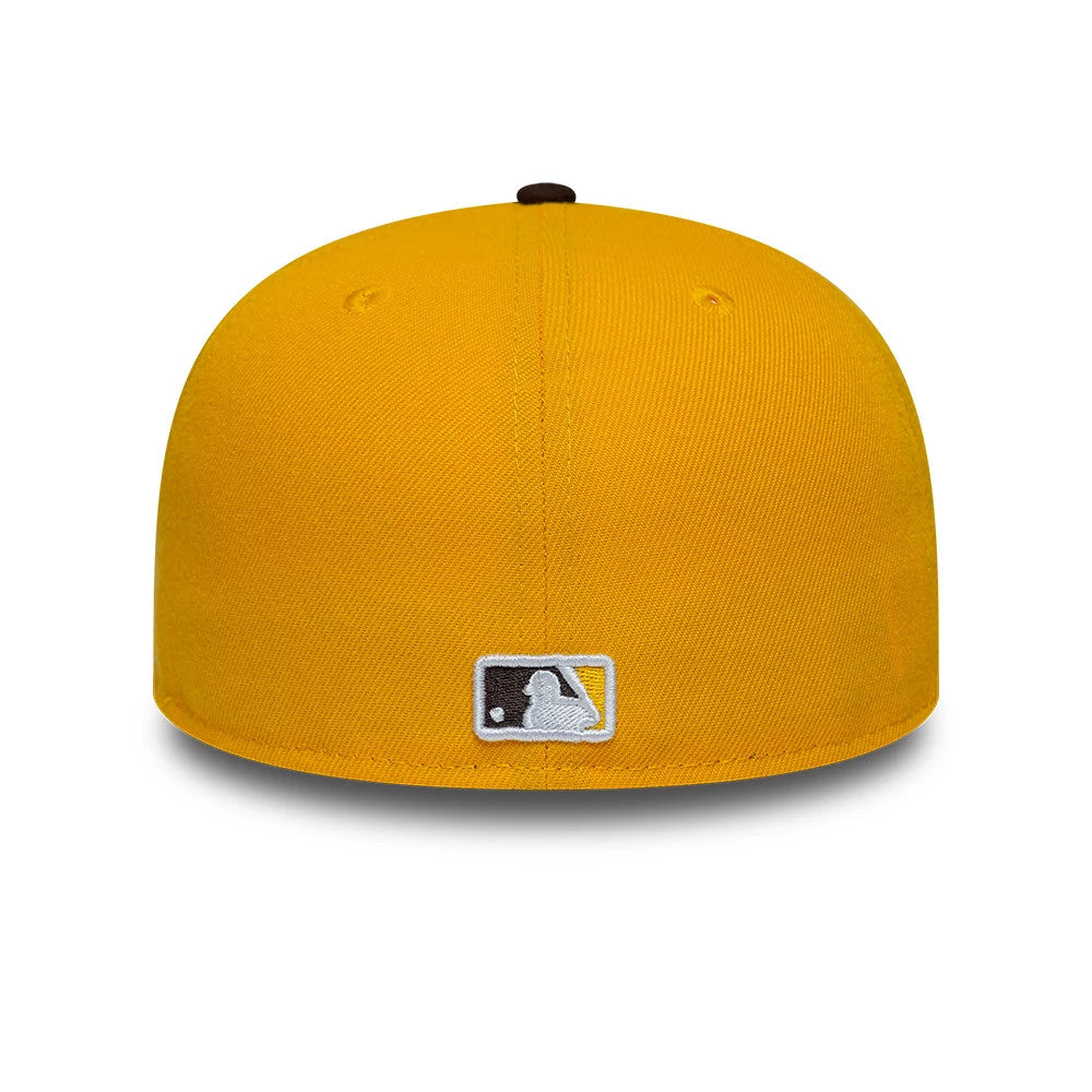 Padres MLB Spring Training 2026 Yellow New Era Low Profile 59FIFTY Fitted Cap, rear view showing the white embroidered MLB Batterman logo at the centre back, with a structured yellow crown and matching yellow eyelets.