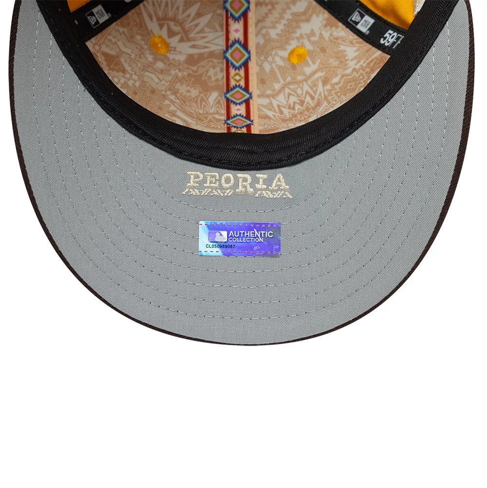 Padres MLB Spring Training 2026 Yellow Low Profile New Era 59FIFTY Fitted Cap, inside view showing Aztec-patterned taping, a grey undervisor with gold Peoria embroidery and an Authentic Collection sticker.