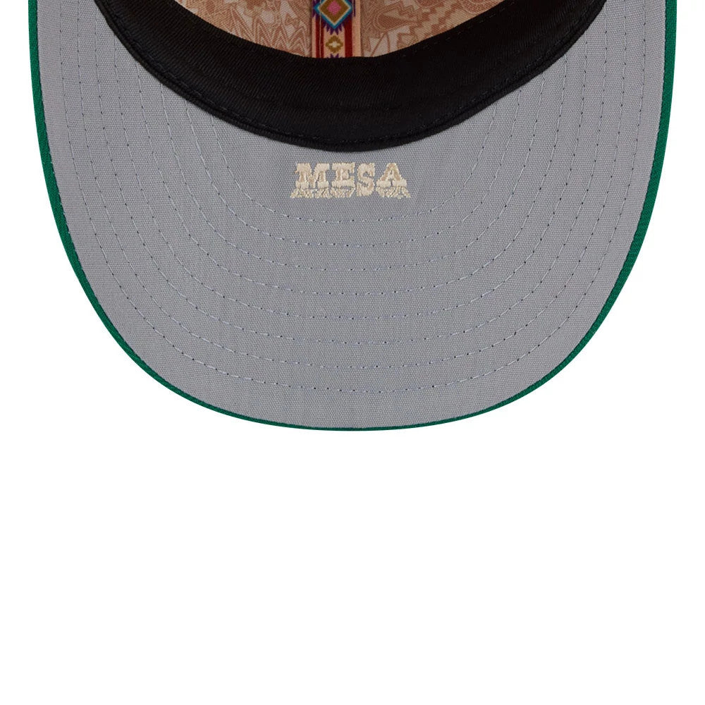 Athletics MLB Spring Training 2026 Yellow New Era Low Profile 59FIFTY Fitted Cap, inside view showing the grey undervisor with Mesa embroidered in white, contrasting black sweatband and decorative taping detail along the seam.
