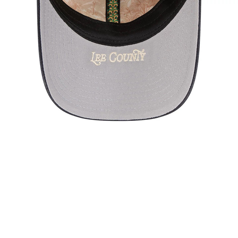 New Era Boston Red Sox MLB Spring Training 2026 Red Casual Classic Adjustable Cap, inside view showing the cream undervisor with Lee County embroidery in white, floral design on the taping, and a brown leather sweatband.