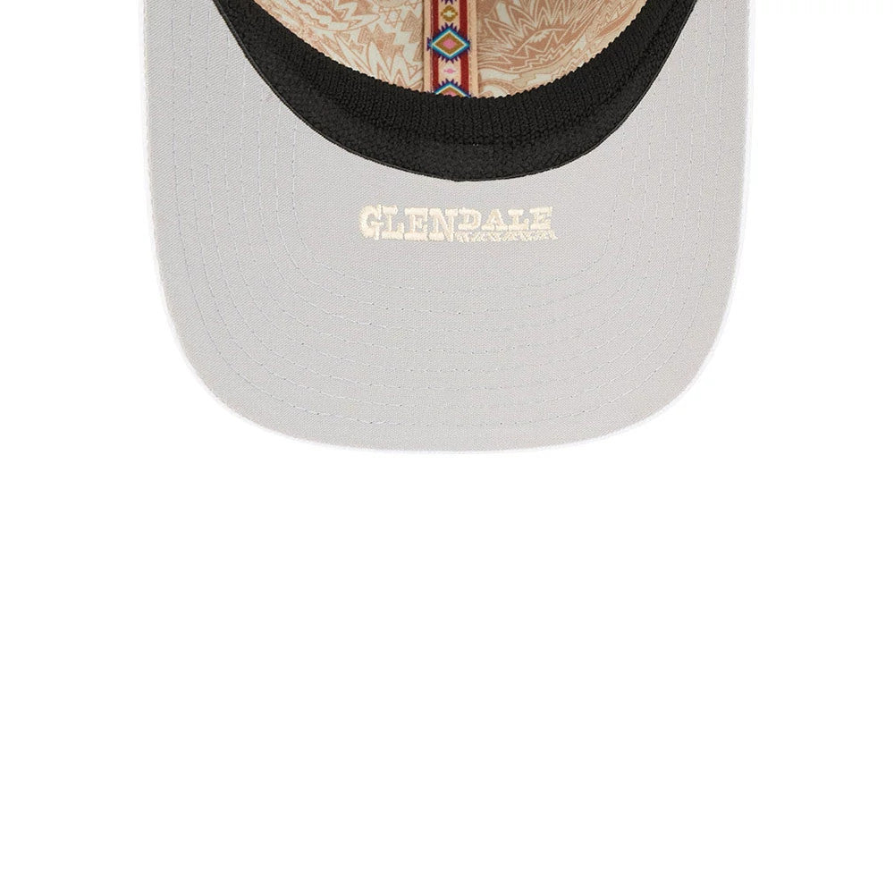 White Sox MLB Spring Training 2026 Black New Era 39THIRTY M-Crown Stretch Fit Cap, inside view showing black sweatband, decorative taping with diamond patterns, light grey undervisor, and embossed Glendale lettering.
