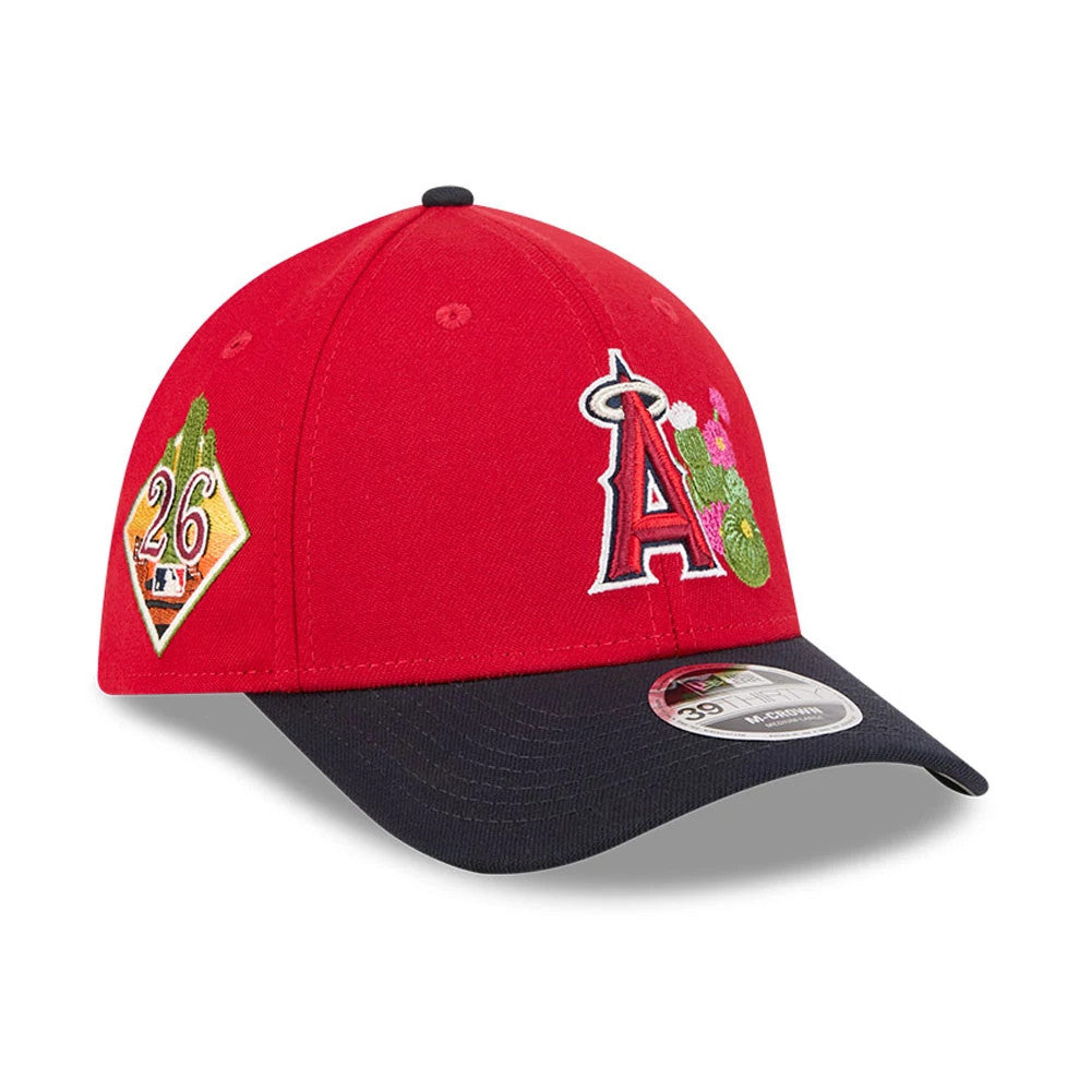 LA Angels MLB Spring Training 2026 Red New Era 39THIRTY M-Crown Stretch Fit Cap, three-quarter view showing the raised embroidered Angels logo with cactus design on the front panel, 26 patch on the right.