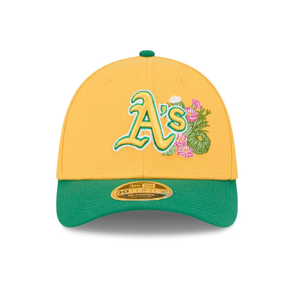 Athletics MLB Spring Training 2026 Yellow New Era 39THIRTY M-Crown Stretch Fit Cap, front view showing a raised green and white A's logo with pink floral embroidery on the structured yellow crown and a contrasting green curved visor.