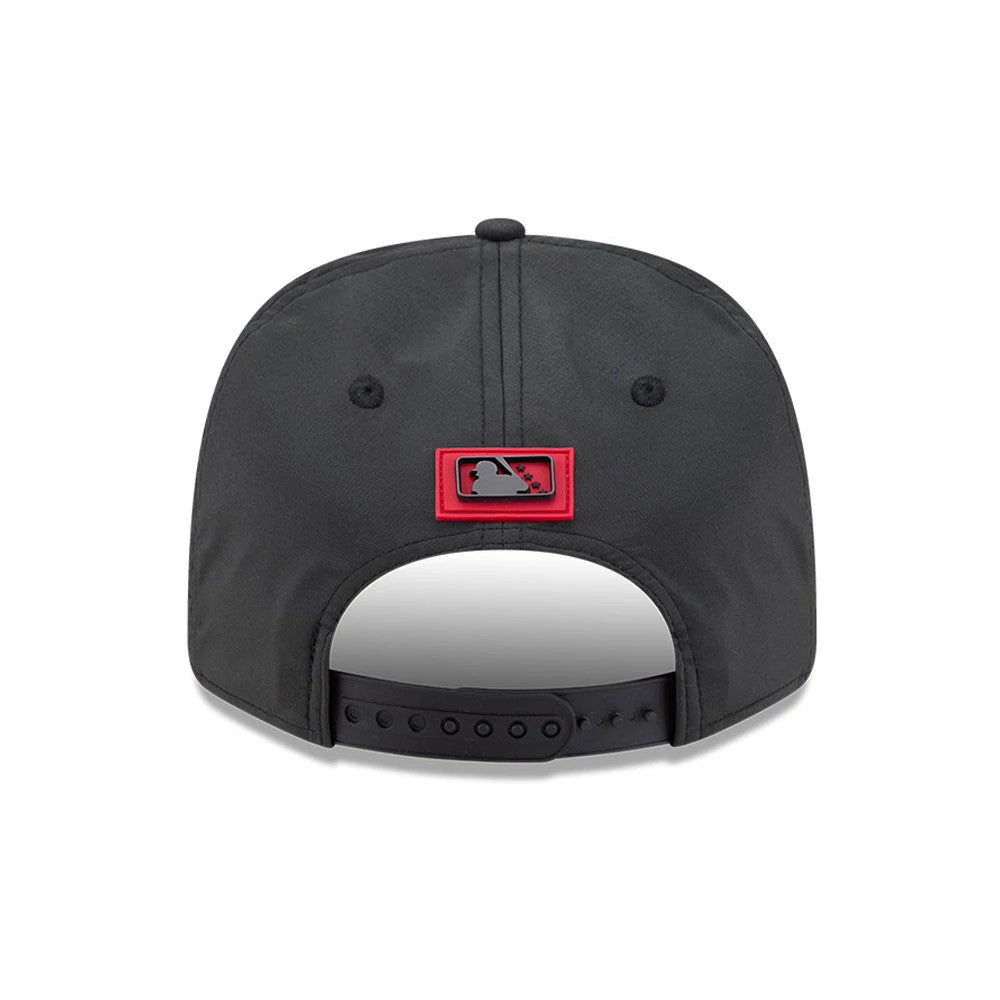 Fresno Grizzlies MiLB Clubhouse Black New Era 9SEVENTY Stretch Snap Adjustable Cap, rear view showing the red-outlined embroidered MLB Batterman logo centred on the back and the black adjustable strap with snap closure.