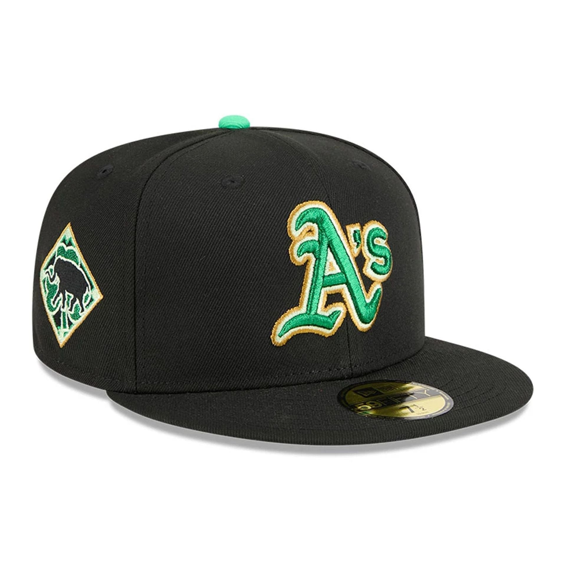 Pictured is this MLB Saint Patrick's Day Athletics 59FIFTY Fitted cap in black. 1