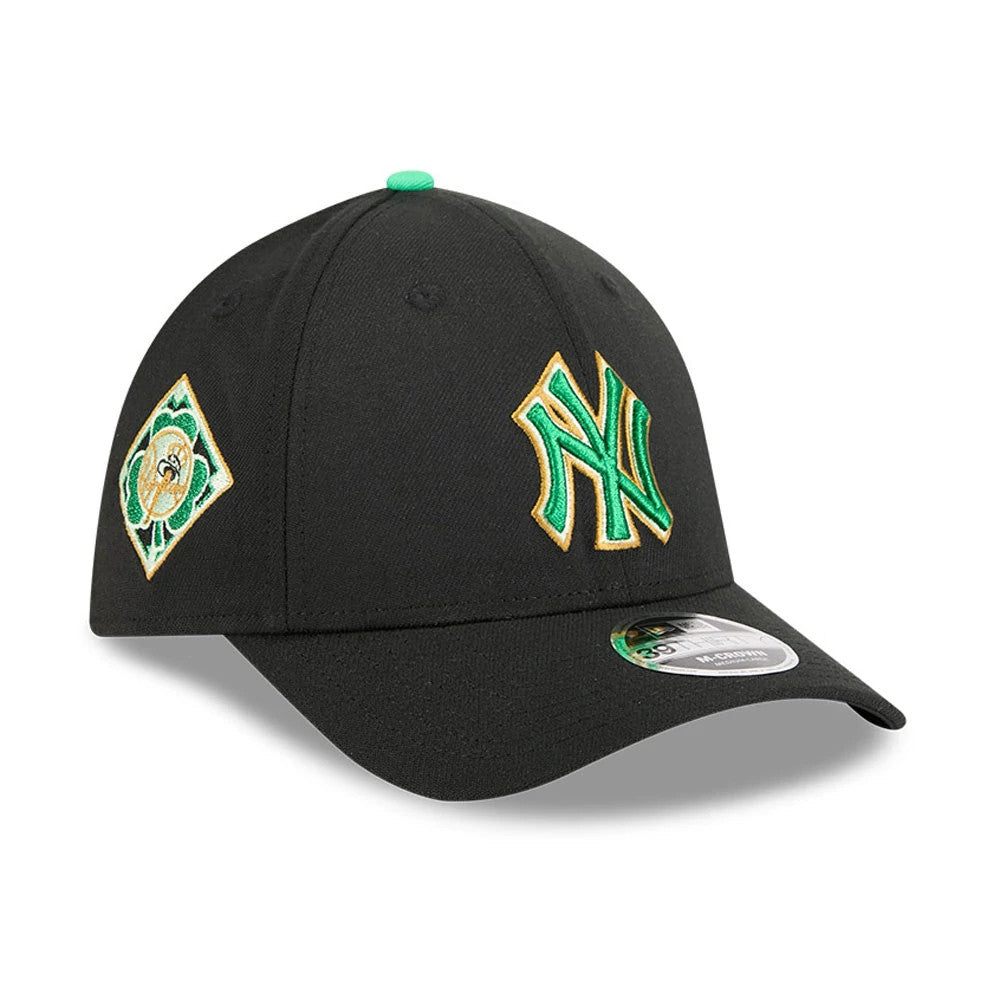 Pictured is this MLB Saint Patrick's Day New York Yankees 39THIRTY M-Crown A-Frame Stretch Fit cap in black. 1