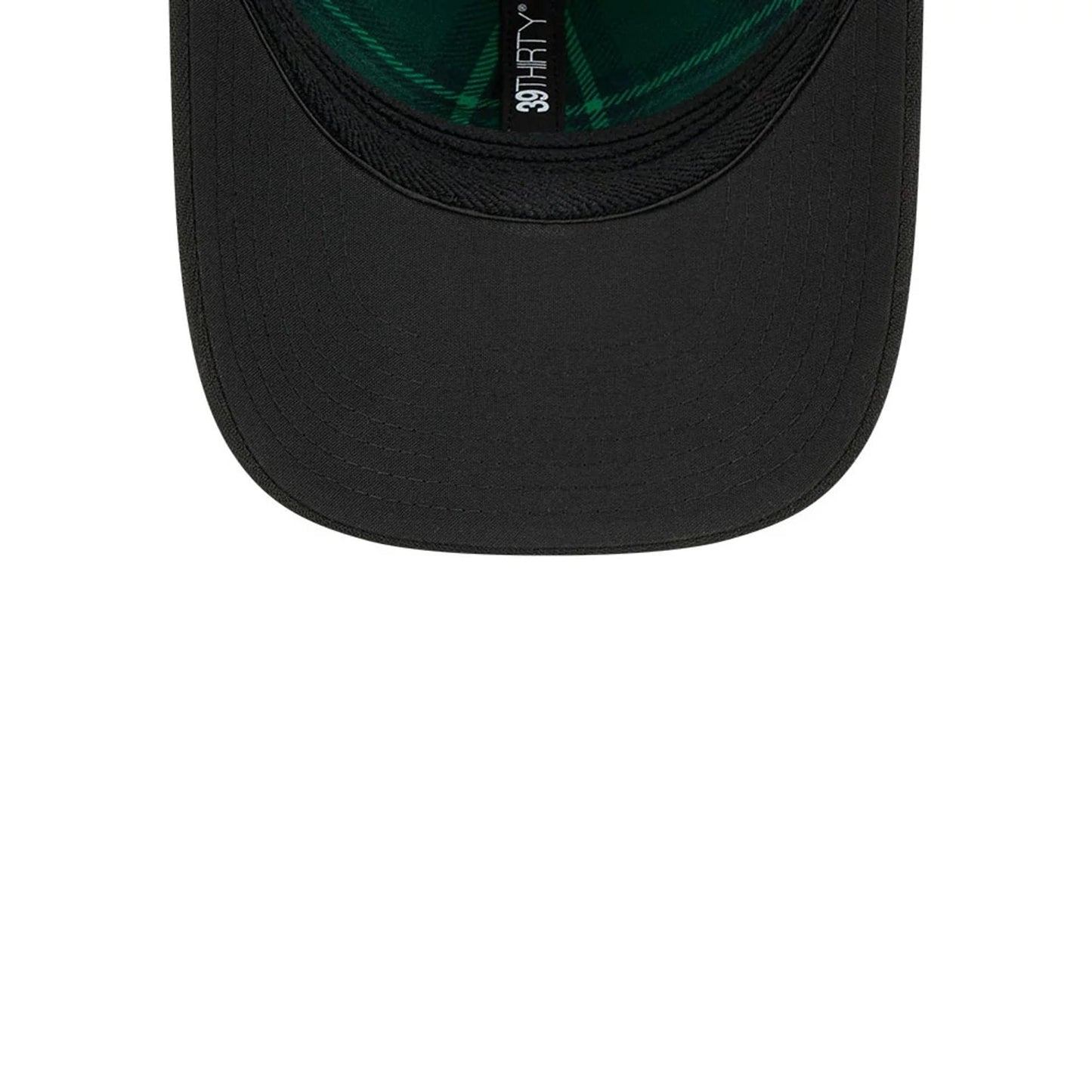 Phillies MLB Saint Patrick's Day Black New Era 39THIRTY M-Crown A-Frame Stretch Fit Cap, inside view showing the black sweatband, green plaid undervisor, and the black 39THIRTY label in the centre.