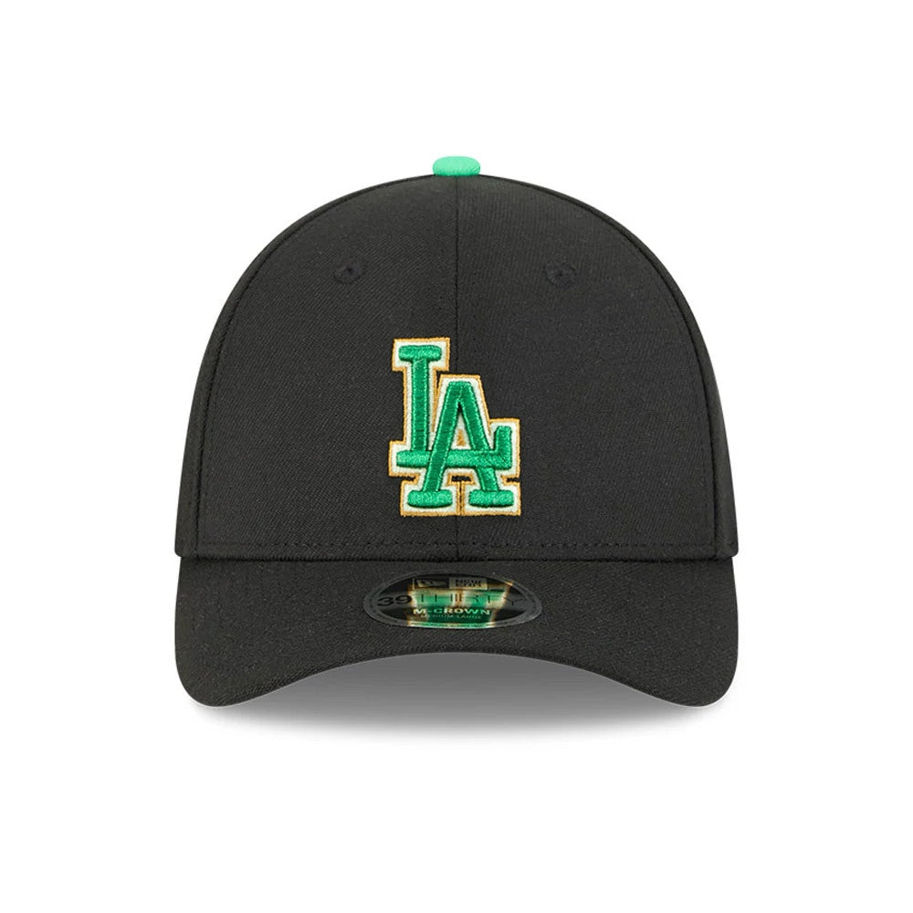 Pictured is this MLB Saint Patrick's Day LA Dodgers 39THIRTY M-Crown A-Frame Stretch Fit cap in black. 2