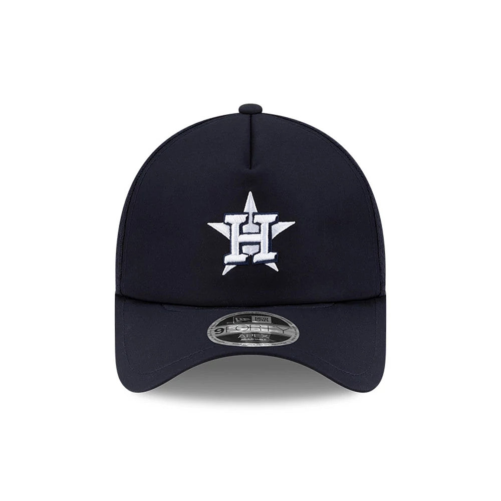 Houston Astros MLB Batting Practice 2026 Navy New Era 9FORTY Apex Adjustable Cap, front view showing the white embroidered H logo with a star background on the structured navy crown, above the curved visor with a 9FORTY size sticker.