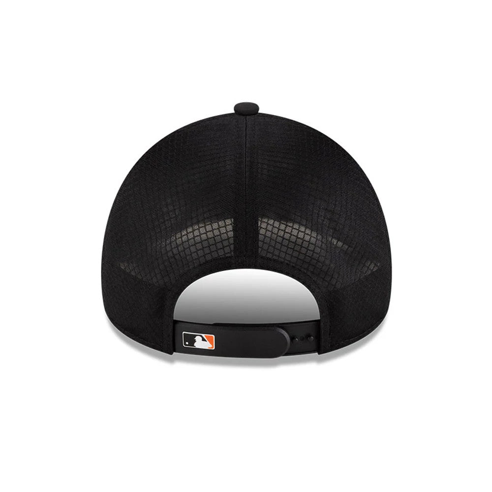 Baltimore Orioles MLB Batting Practice 2026 Black New Era 9FORTY Apex Adjustable Cap, rear view showing the black embroidered MLB Batterman logo centred on the adjustable strap, with a mesh texture on the black crown.