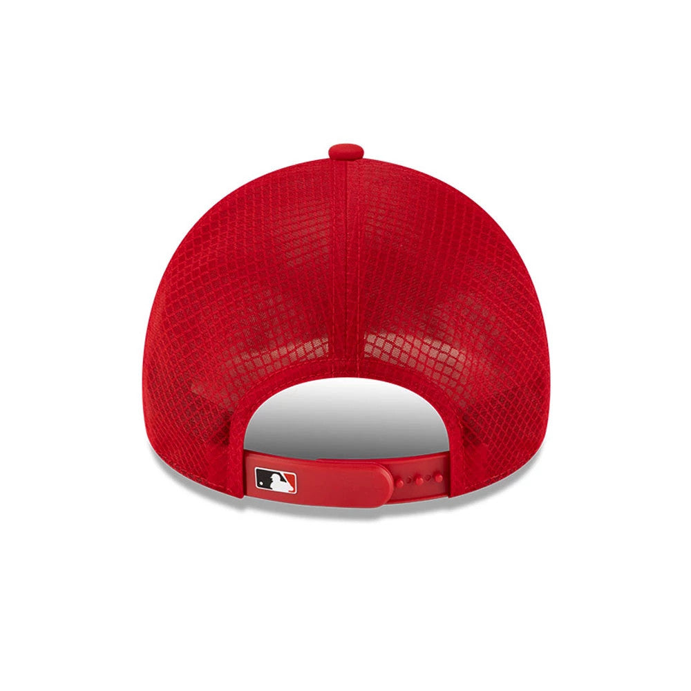 Cincinnati Reds MLB Batting Practice 2026 Red New Era 9FORTY Apex Adjustable Cap, rear view showing the MLB Batterman logo on the red adjustable strap and the mesh design of the red crown.