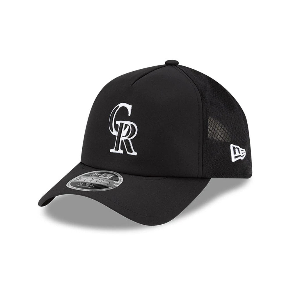 Colorado Rockies MLB Batting Practice 2026 Black New Era 9FORTY Apex Adjustable Cap, three-quarter view showing white embroidered CR logo on the front and the New Era flag logo on the mesh side panel, with a 9FORTY size sticker on the visor.