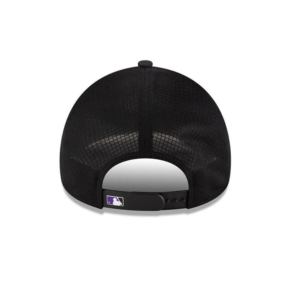 Colorado Rockies MLB Batting Practice 2026 Black New Era 9FORTY Apex Adjustable Cap, rear view showing the purple and white embroidered MLB Batterman logo at the centre of the black mesh back panels and adjustable strap.