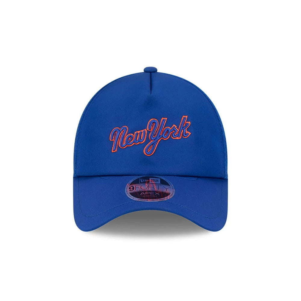 New York Mets MLB Batting Practice 2026 Blue New Era 9FORTY Apex Adjustable Cap, front view showing raised orange and blue New York script logo on the blue crown and a 9FORTY size sticker on the curved visor.
