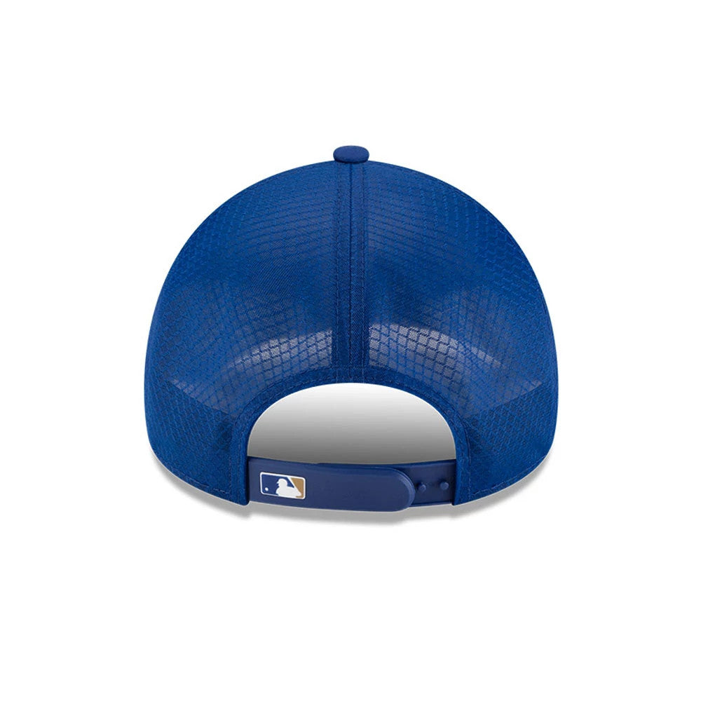 Kansas City Royals MLB Batting Practice 2026 Blue New Era 9FORTY Apex Adjustable Cap, rear view showing the white embroidered MLB Batterman logo on the blue mesh panels and the adjustable blue strap at the centre back.