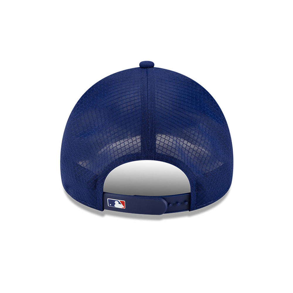 Texas Rangers MLB Batting Practice 2026 Dark Blue New Era 9FORTY Apex Adjustable Cap, rear view showing the embroidered MLB Batterman logo at the centre of the back mesh panels and the adjustable strap for a custom fit.