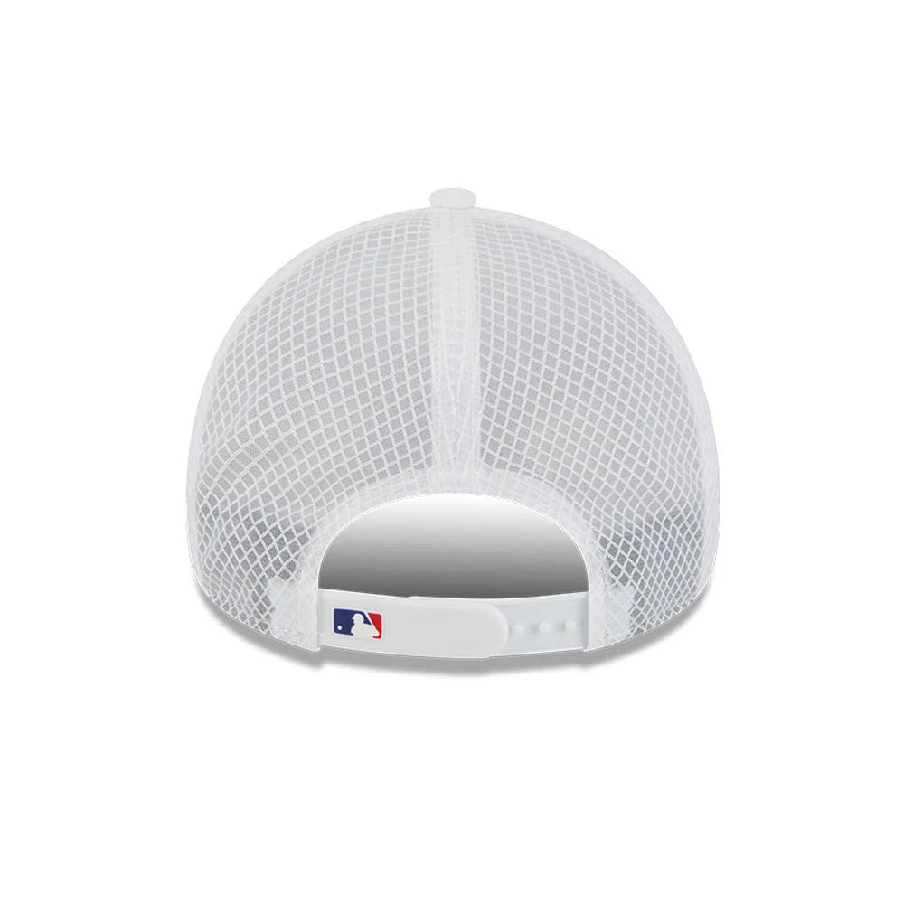 LA Dodgers MLB Batting Practice 2026 White New Era 9FORTY Apex Adjustable Cap, rear view featuring a white mesh crown and the MLB Batterman logo centred on the white adjustable strap closure.