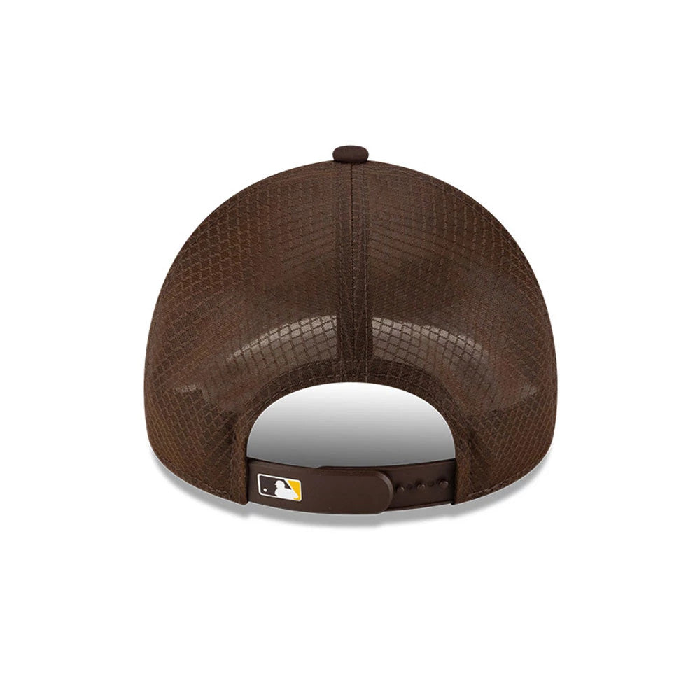 San Diego Padres MLB Batting Practice 2026 Dark Brown New Era 9FORTY Apex Adjustable Cap, rear view showing the embroidered MLB Batterman logo at the centre of the back panels on a textured dark brown crown with an adjustable strap.