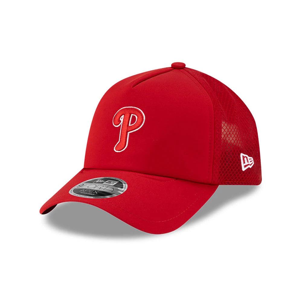 Philadelphia Phillies MLB Batting Practice 2026 Red New Era 9FORTY Apex Adjustable Cap, three-quarter view showing the white embroidered Phillies P logo on the front panel, a curved red visor with a 9FORTY size sticker.
