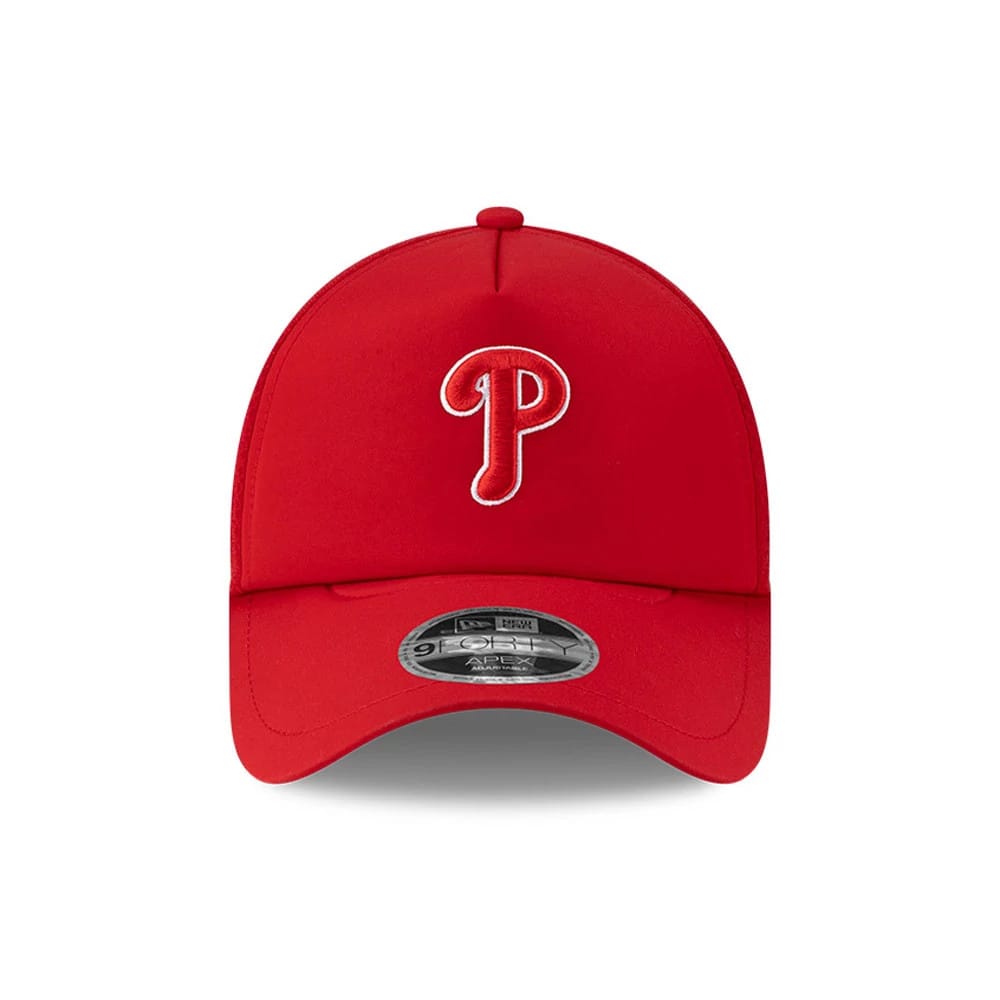 Pictured is this MLB Batting Practice 2026 Philadelphia Phillies 9FORTY Apex cap in red. 2