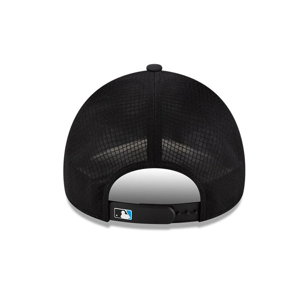 Miami Marlins MLB Batting Practice 2026 Black New Era 9FORTY Apex Adjustable Cap, rear view showing the MLB Batterman logo on the adjustable strap, set above the curved visor with the black mesh crown.