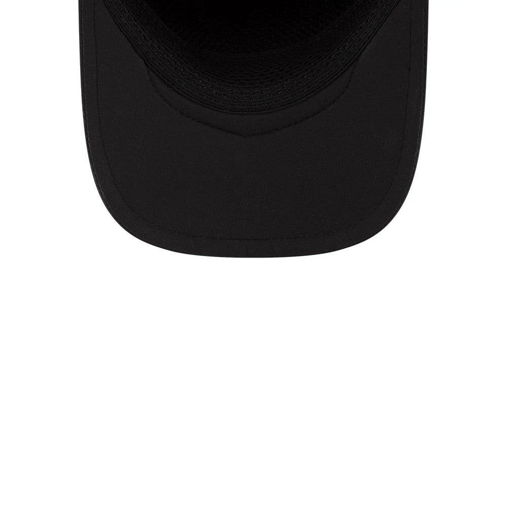 Miami Marlins MLB Batting Practice 2026 Black New Era 9FORTY Apex Adjustable Cap, inside view showing the black undervisor and matching black sweatband, highlighting the seamless stitching around the visor edge.