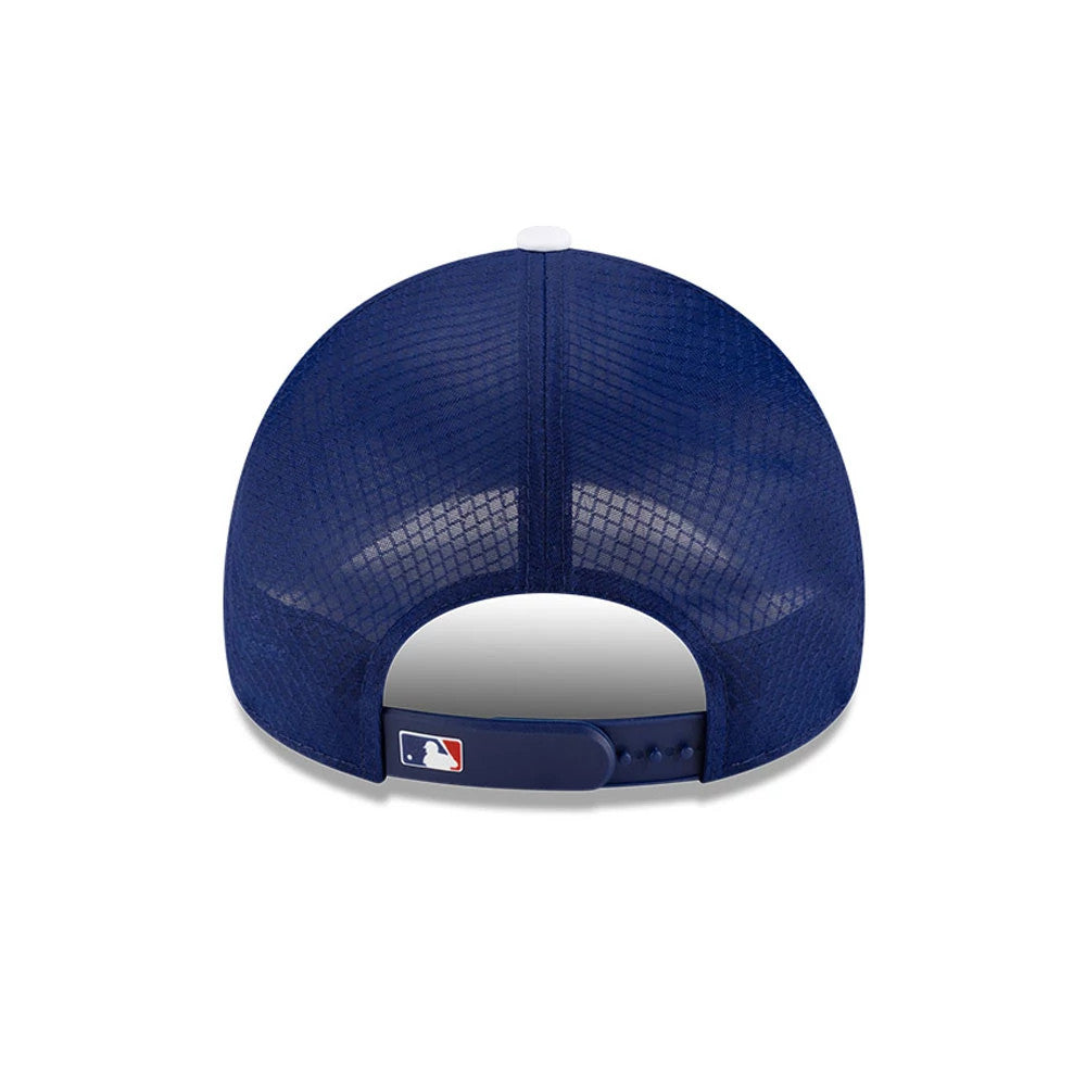 LA Dodgers MLB Batting Practice 2026 Dark Blue New Era 9FORTY Apex Adjustable Cap, rear view showing the MLB Batterman logo centred on the adjustable strap, with diamond-patterned mesh fabric on the mid and rear panels.